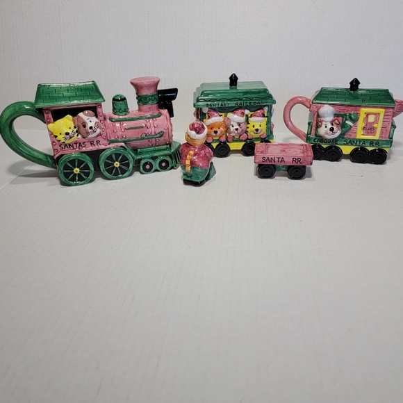 Fitz & Floyd Omnibus Santa's Railroad Teapot Set 5 Piece Boxed Christmas Decor - Picture 2 of 12